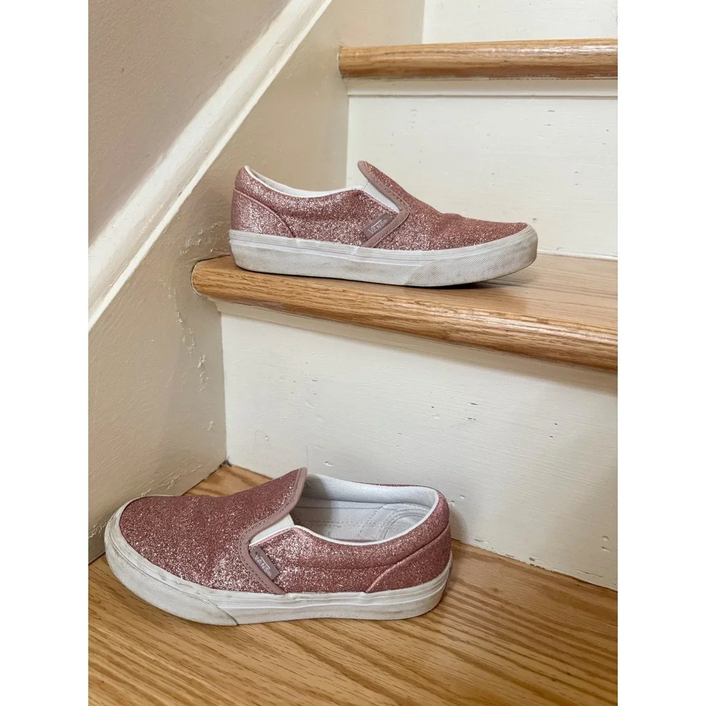 Vans Classic Slip-On Rose Gold Glitter Kids Size 2 Skate Shoes Pink Sneakers